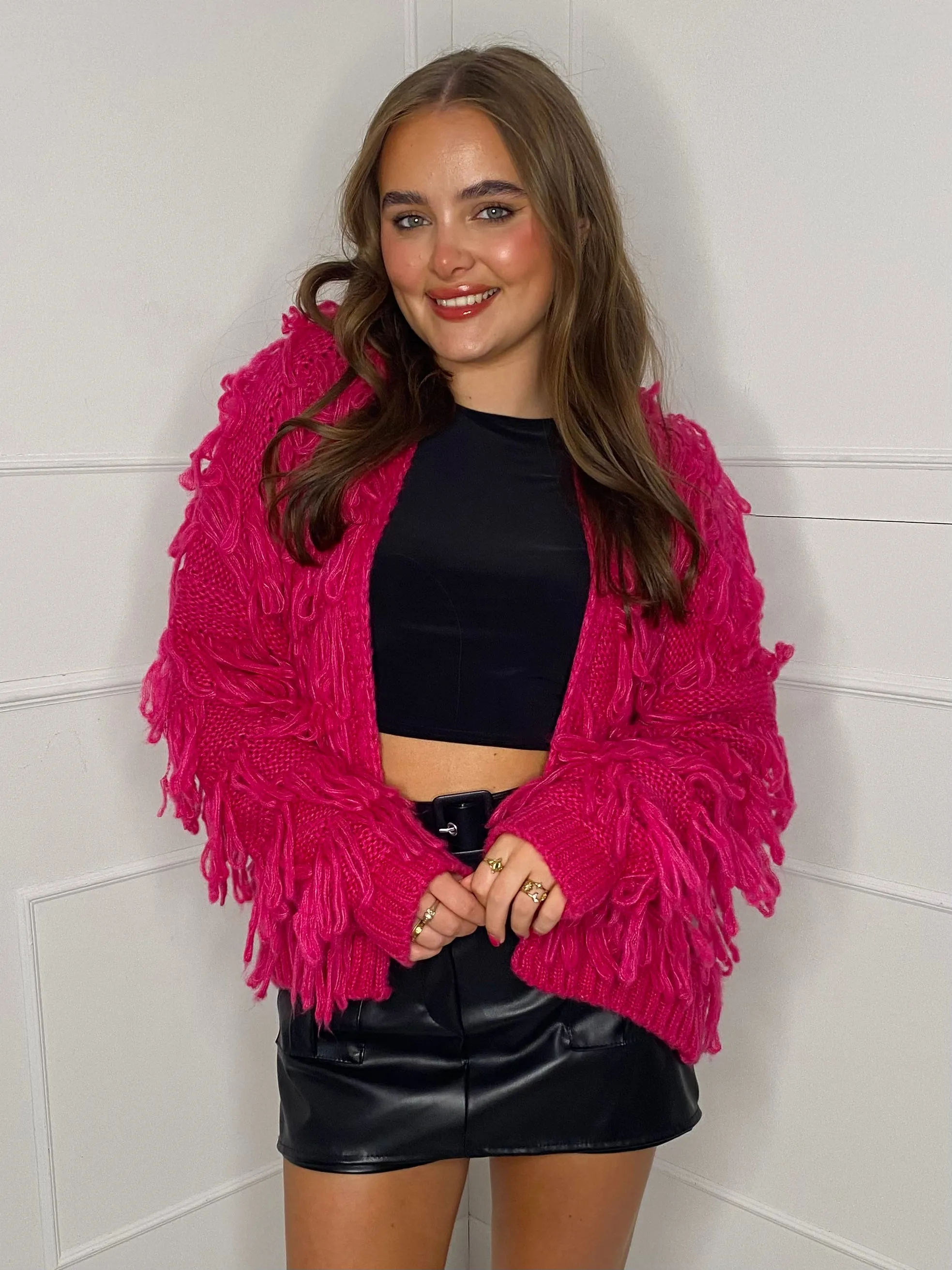 Fringe Detail Cardigan - Cerise