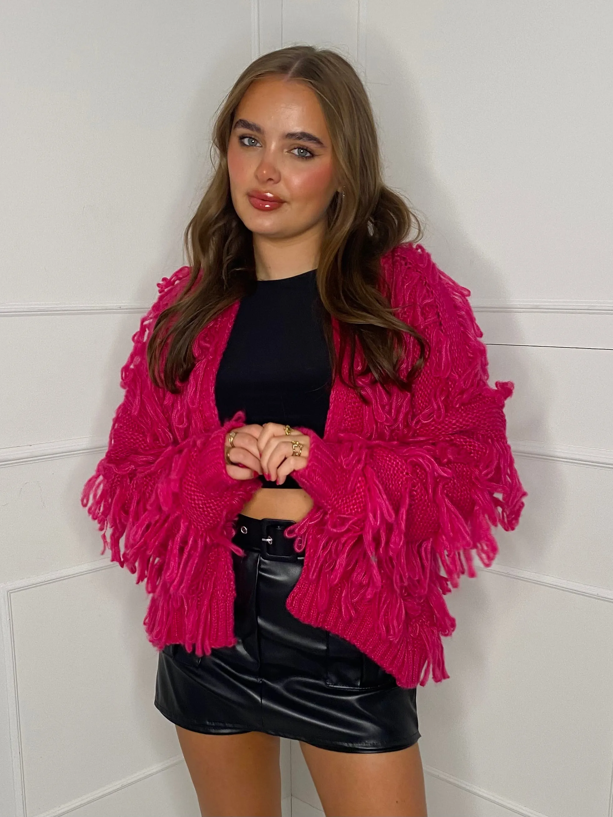 Fringe Detail Cardigan - Cerise