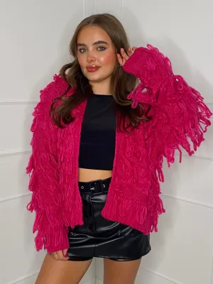 Fringe Detail Cardigan - Cerise