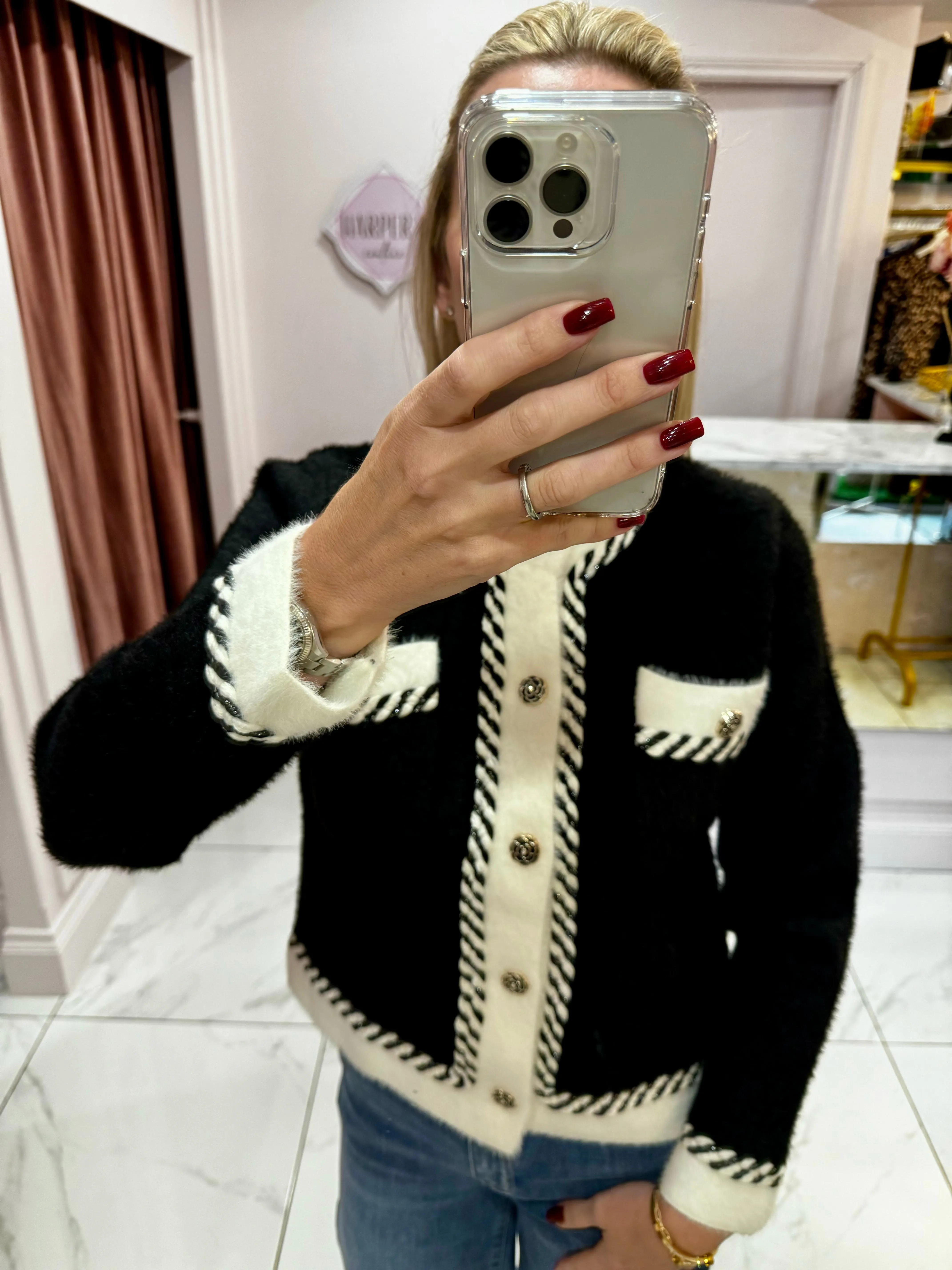 Georgina Super Soft Black & Cream Knit Cardigan