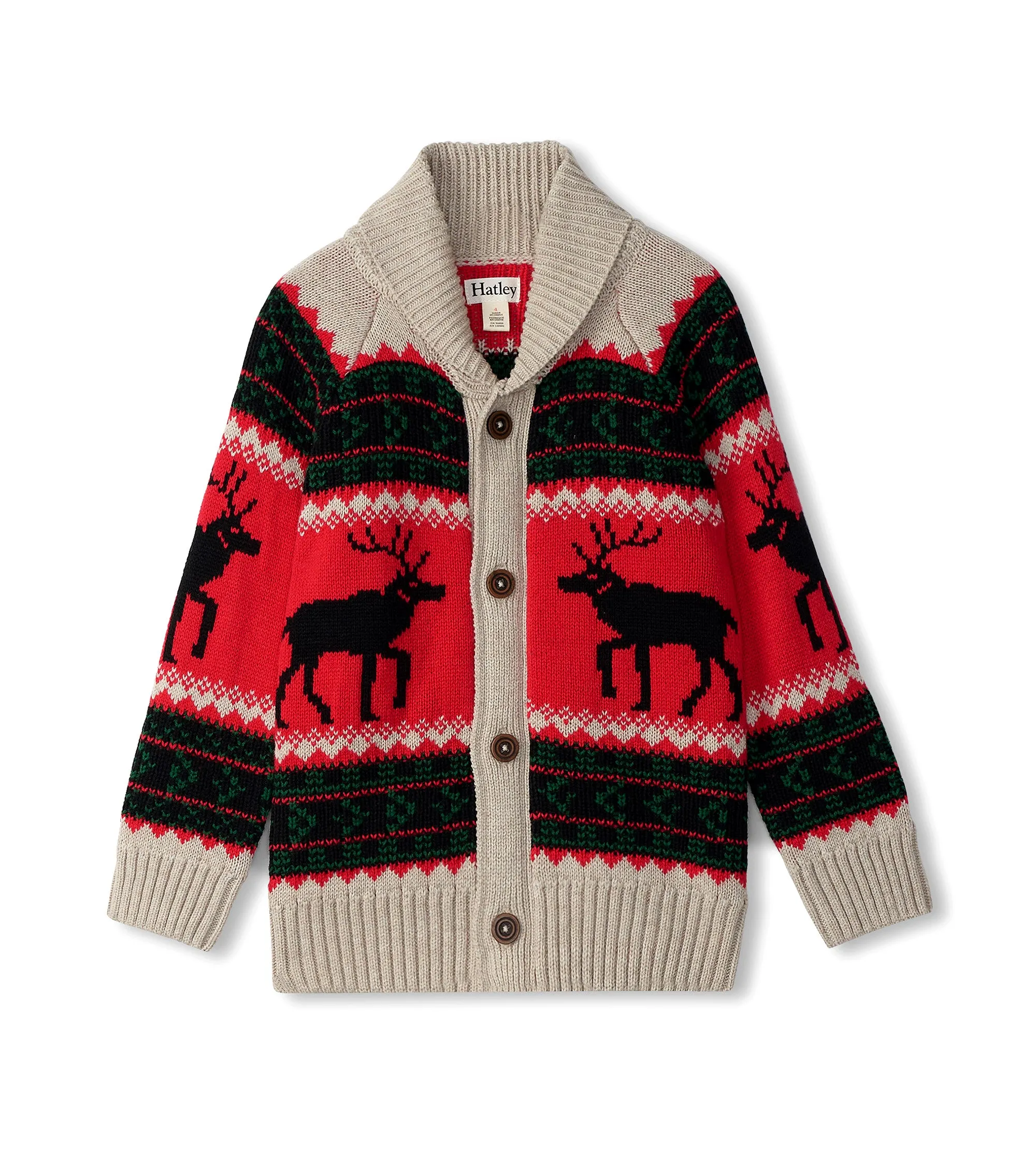 Hatley Shawl Collar Cardigan- Red Holiday Elks