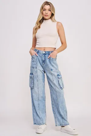 HIGH WAIST BAGGY DENIM CARGO ANKLE LENGTH TROUSERS - ONLINE EXCLUSIVE