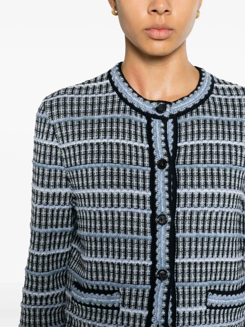 Inlay Tweed Jacquard Crew Neck Cardigan