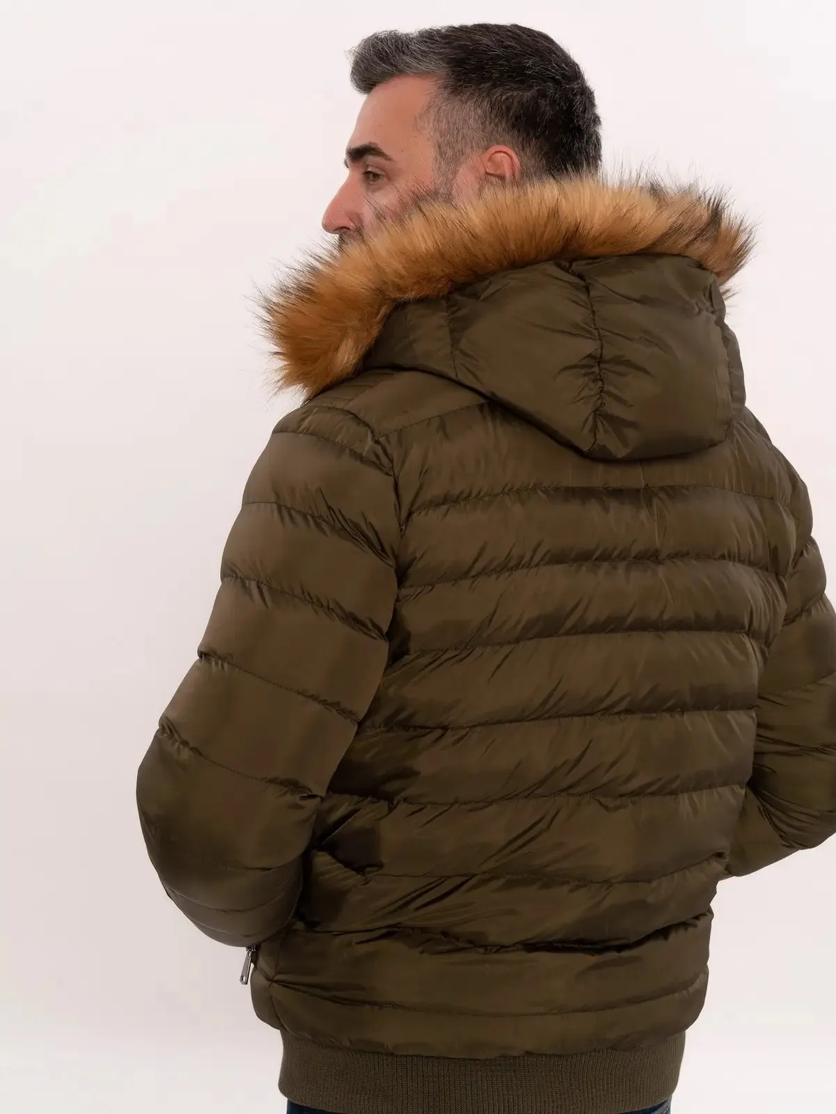 Khaki Fur Hooded Men'S Puffer Coat