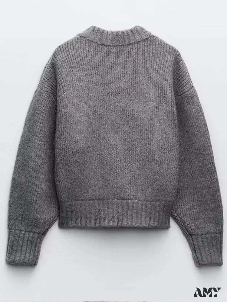 Knit Grey Zipper O-neck Long Sleeve Autumn Winter High Street Sweater