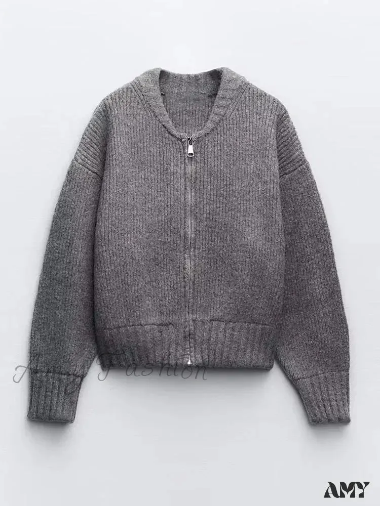 Knit Grey Zipper O-neck Long Sleeve Autumn Winter High Street Sweater