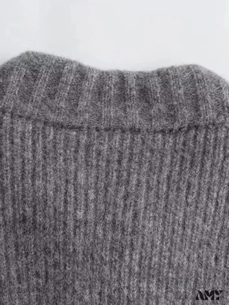 Knit Grey Zipper O-neck Long Sleeve Autumn Winter High Street Sweater