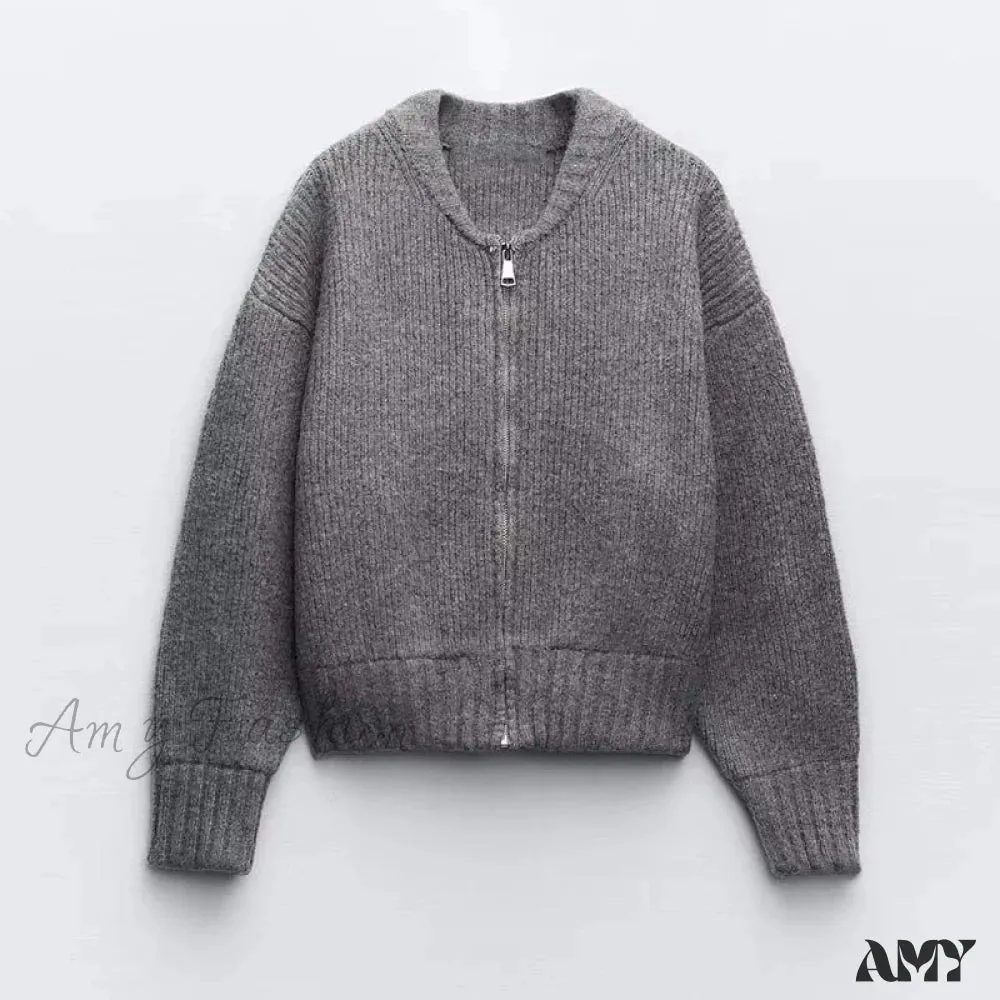 Knit Grey Zipper O-neck Long Sleeve Autumn Winter High Street Sweater