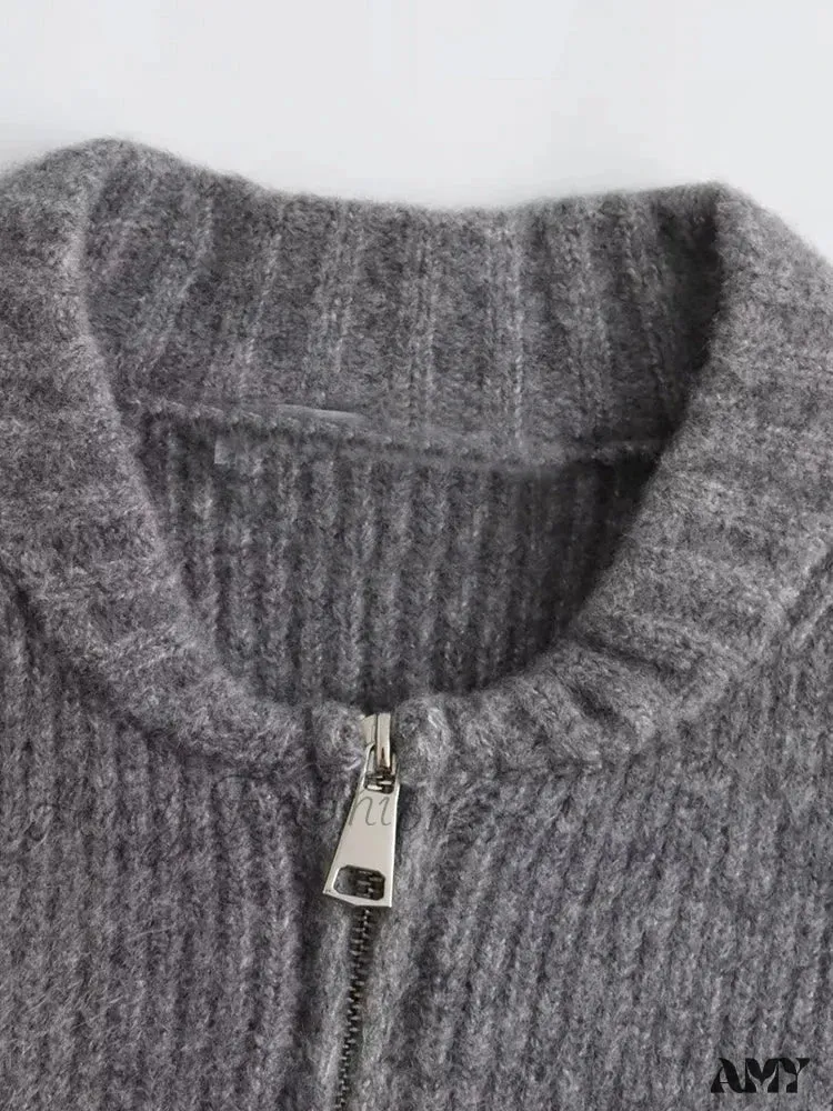 Knit Grey Zipper O-neck Long Sleeve Autumn Winter High Street Sweater
