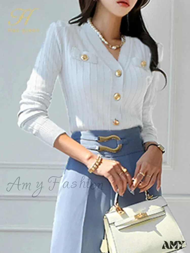 Korean Chic V-Neck Knitted Casual Basic Long Sleeve Vintage Sweater