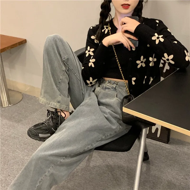 Korean Vintage Floral Print Cardigan