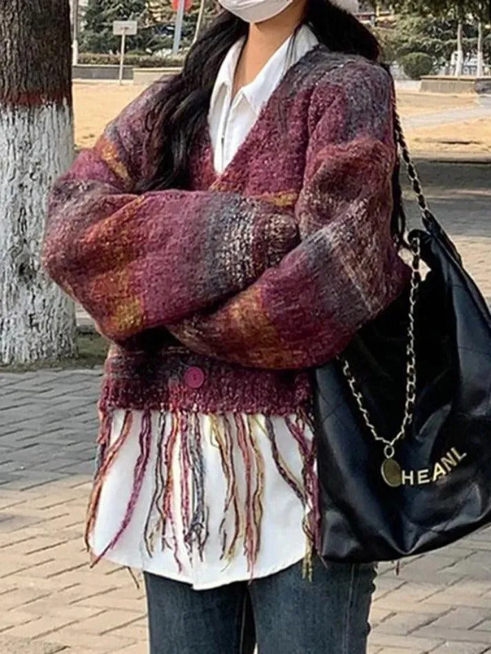 LANFUBEISI - Colorful Stripe Tassel Hem Loose Cardigan
