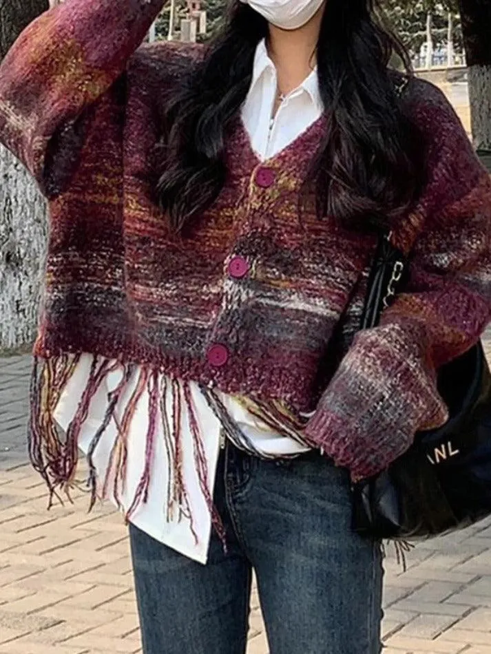 LANFUBEISI - Colorful Stripe Tassel Hem Loose Cardigan