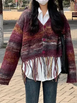 LANFUBEISI - Colorful Stripe Tassel Hem Loose Cardigan