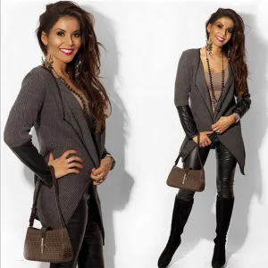 Leather patch sleeve open front cardigan jacket