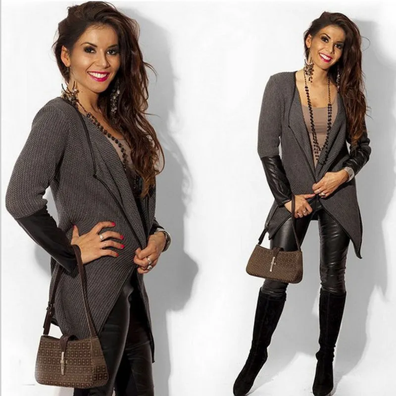 Leather patch sleeve open front cardigan jacket