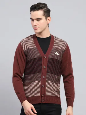 Men Maroon Stripe V Neck Full Sleeve Cardigan