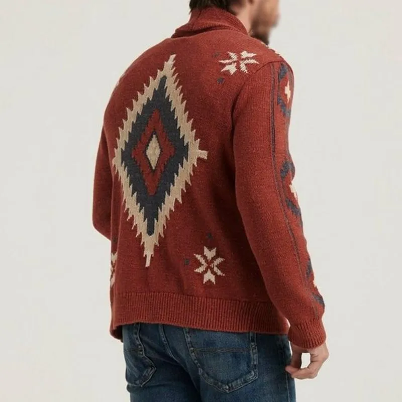 Men's Vintage Lapel Jacquard Long Sleeve Cardigan 57215280Y