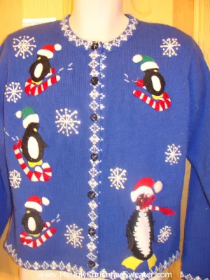 Penguin Skiing on Candycanes Cheesy Christmas Sweater