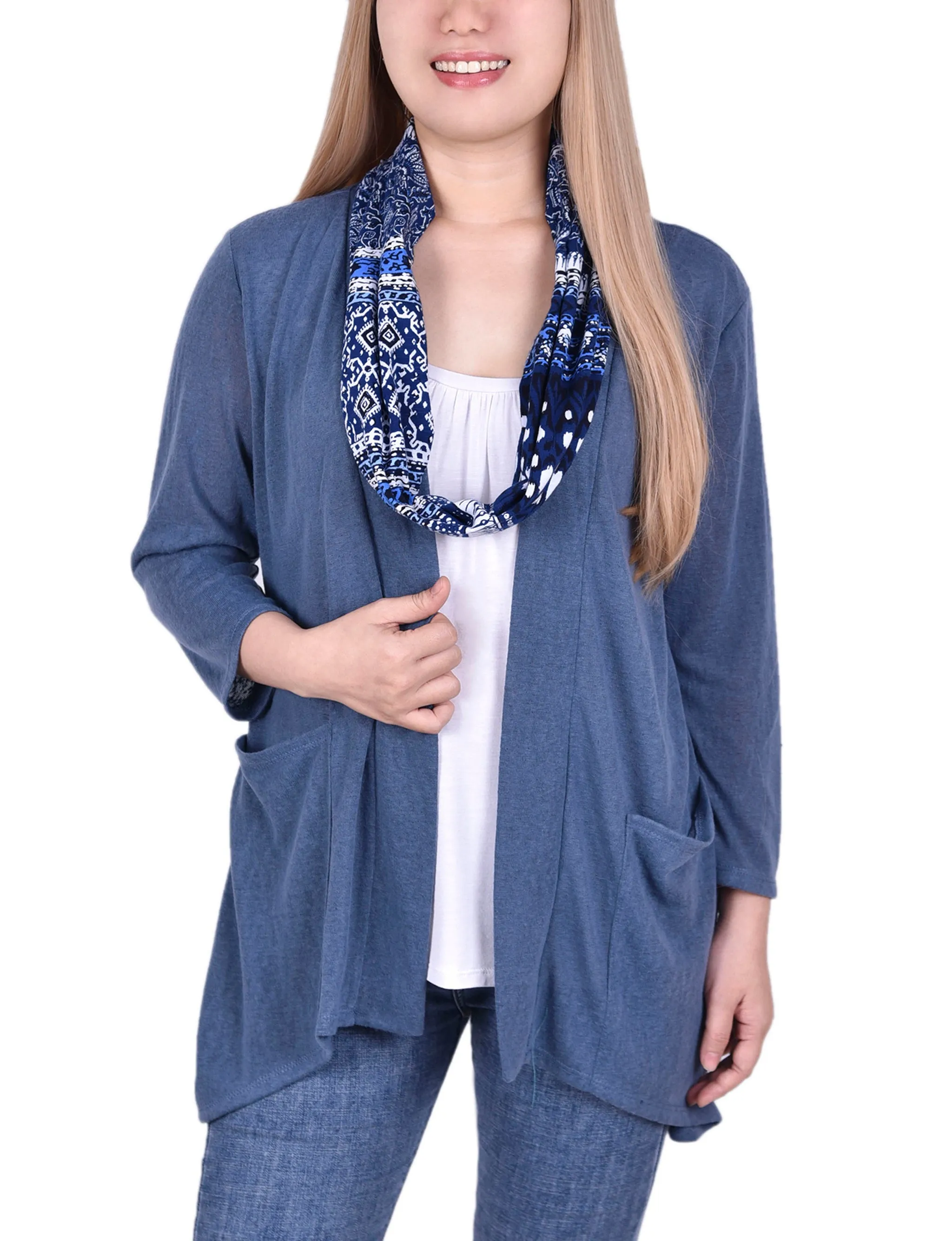 Petite Cardigan With Inset And Detachable Printed Scarf