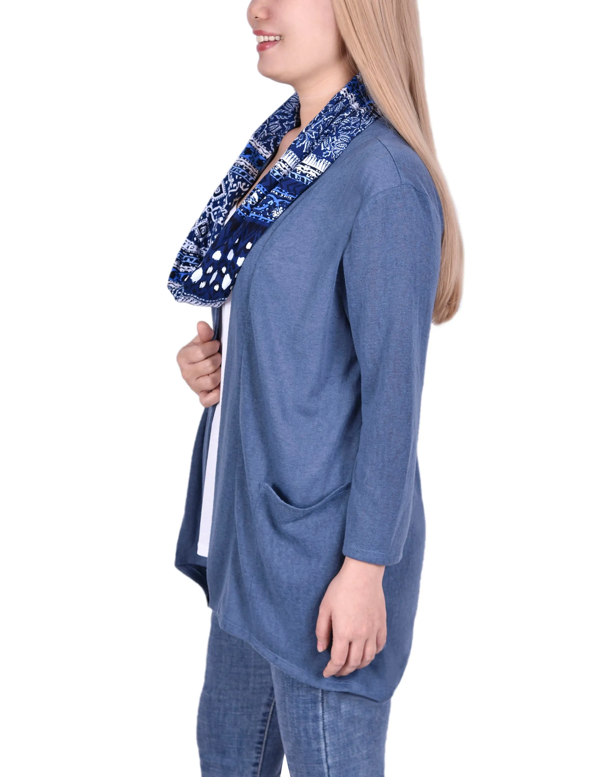 Petite Cardigan With Inset And Detachable Printed Scarf