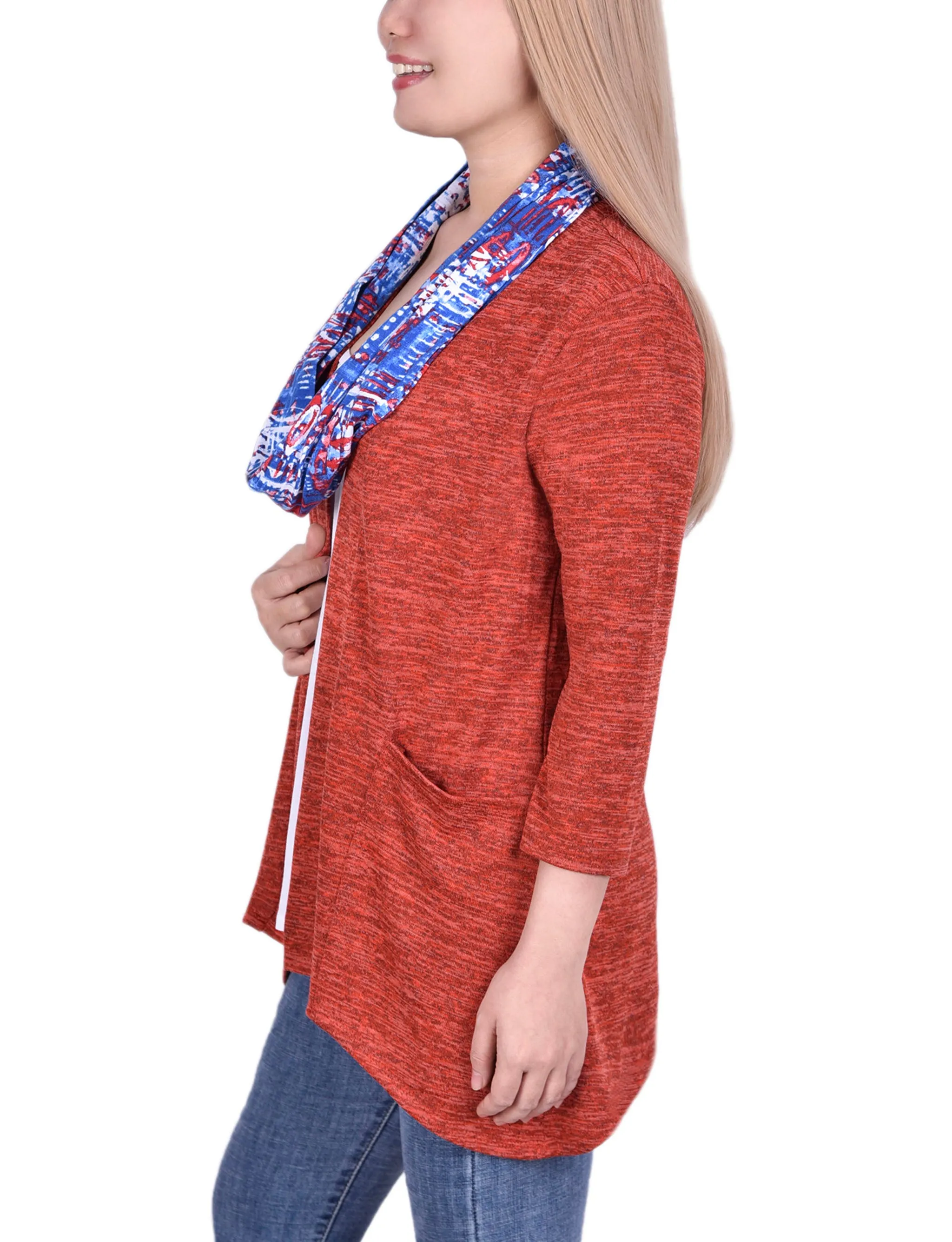 Petite Cardigan With Inset And Detachable Printed Scarf