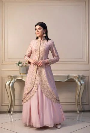 Pink embroidered long jacket with skirt