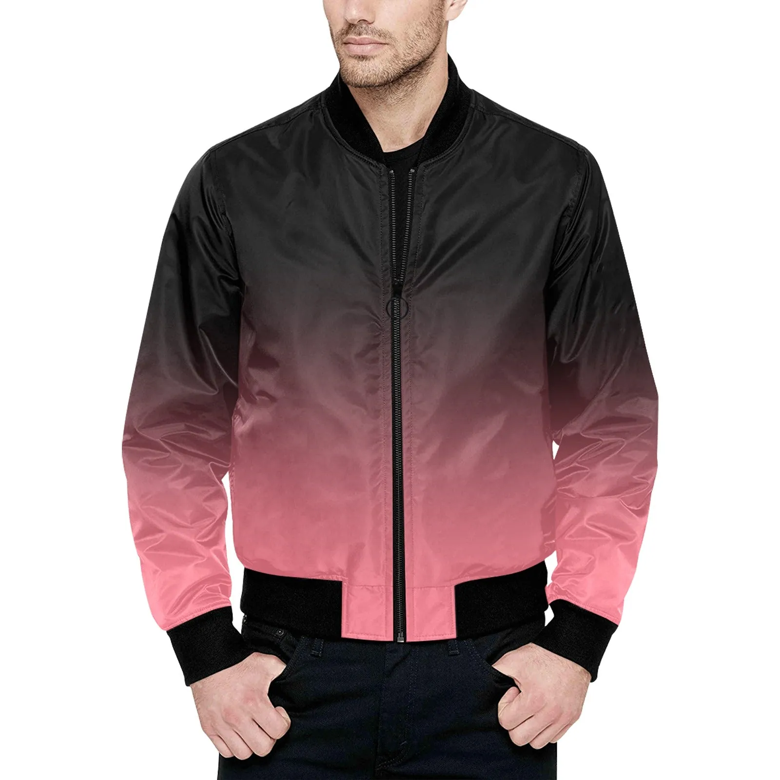 Pink to Black Gradient Quilted Bomber Jacket