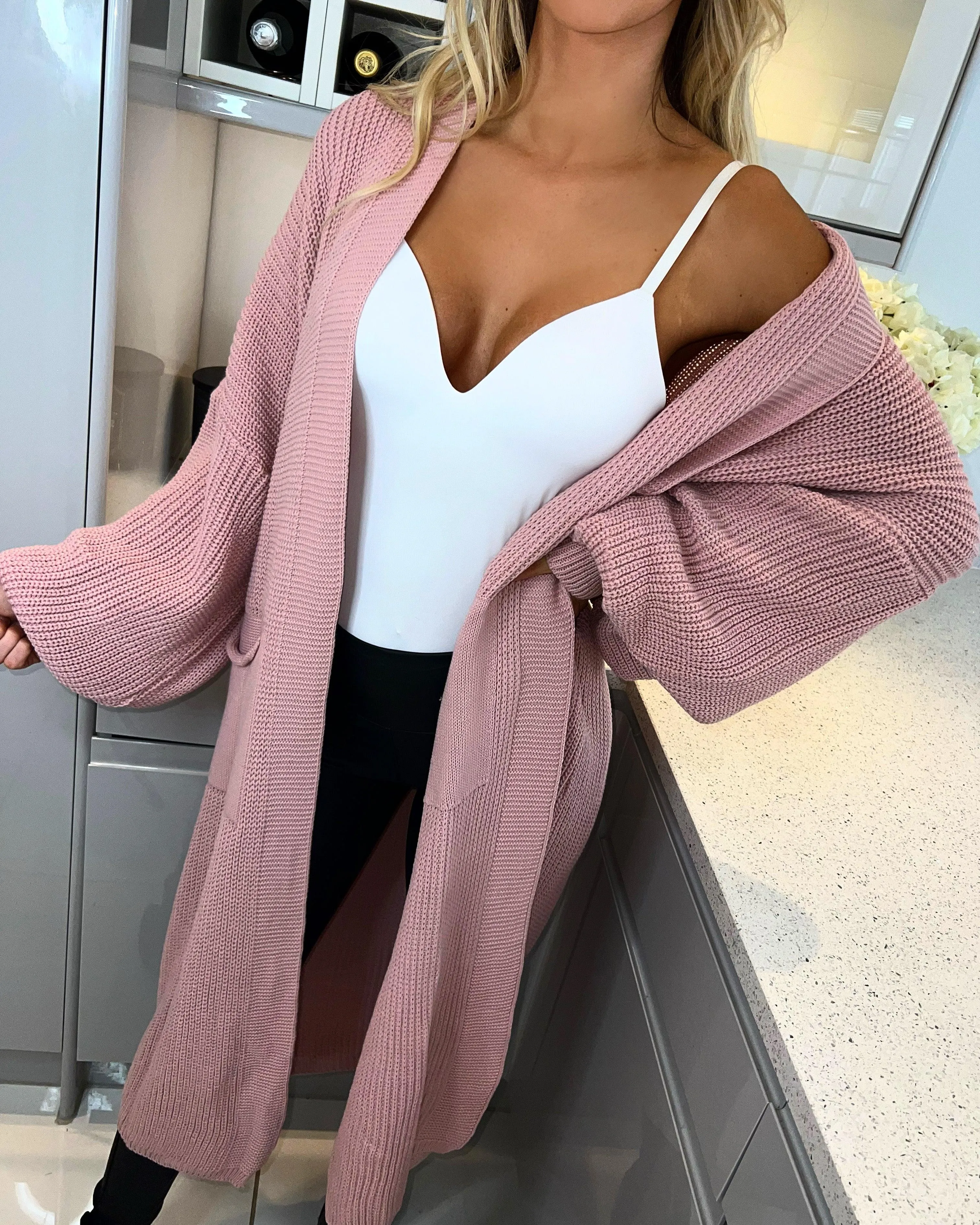 'Riley' Pink Longline Ballon-Sleeve Knitted Cardigan