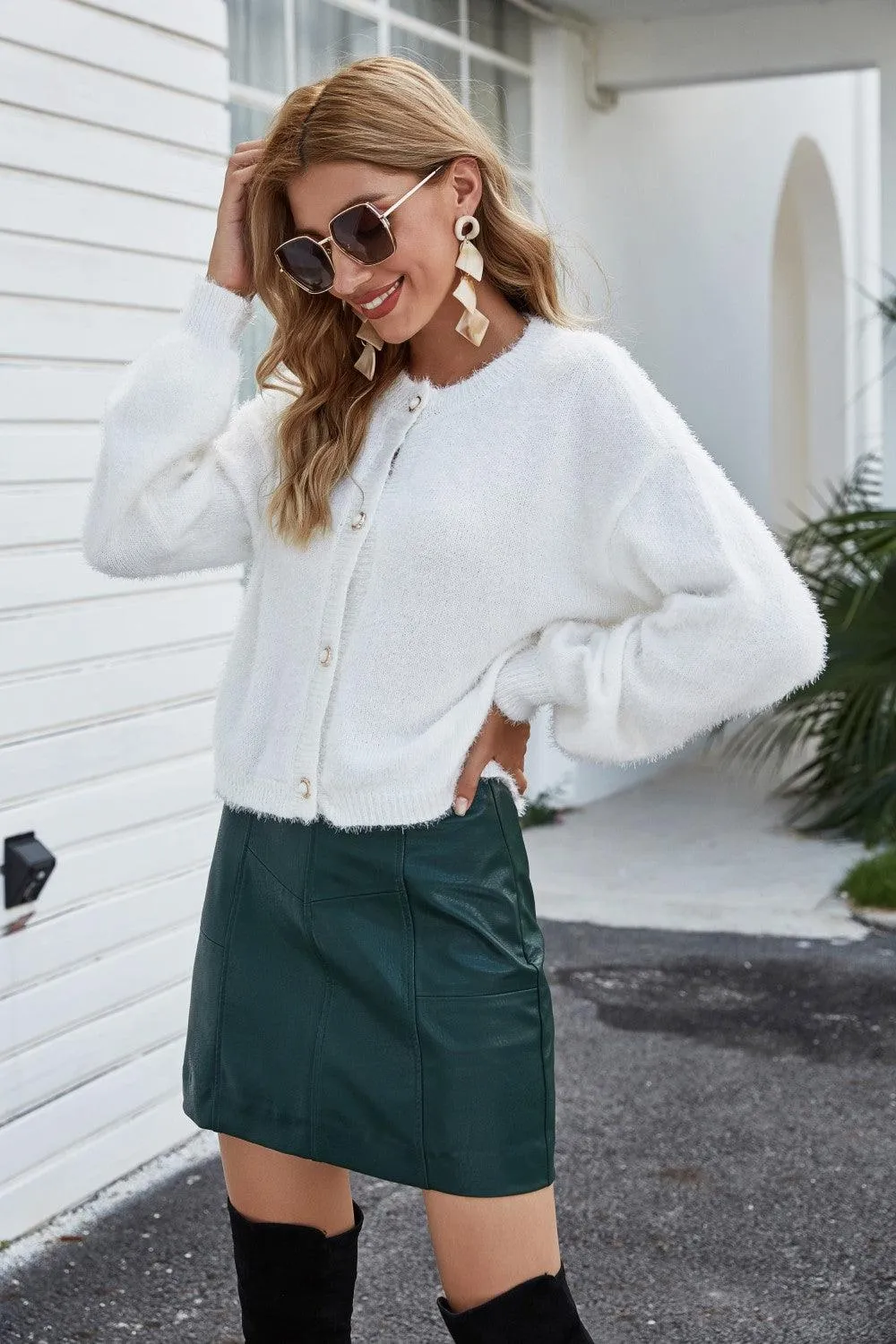 ROUND NECK DROPPED SHOULDER FUZZY CARDIGAN