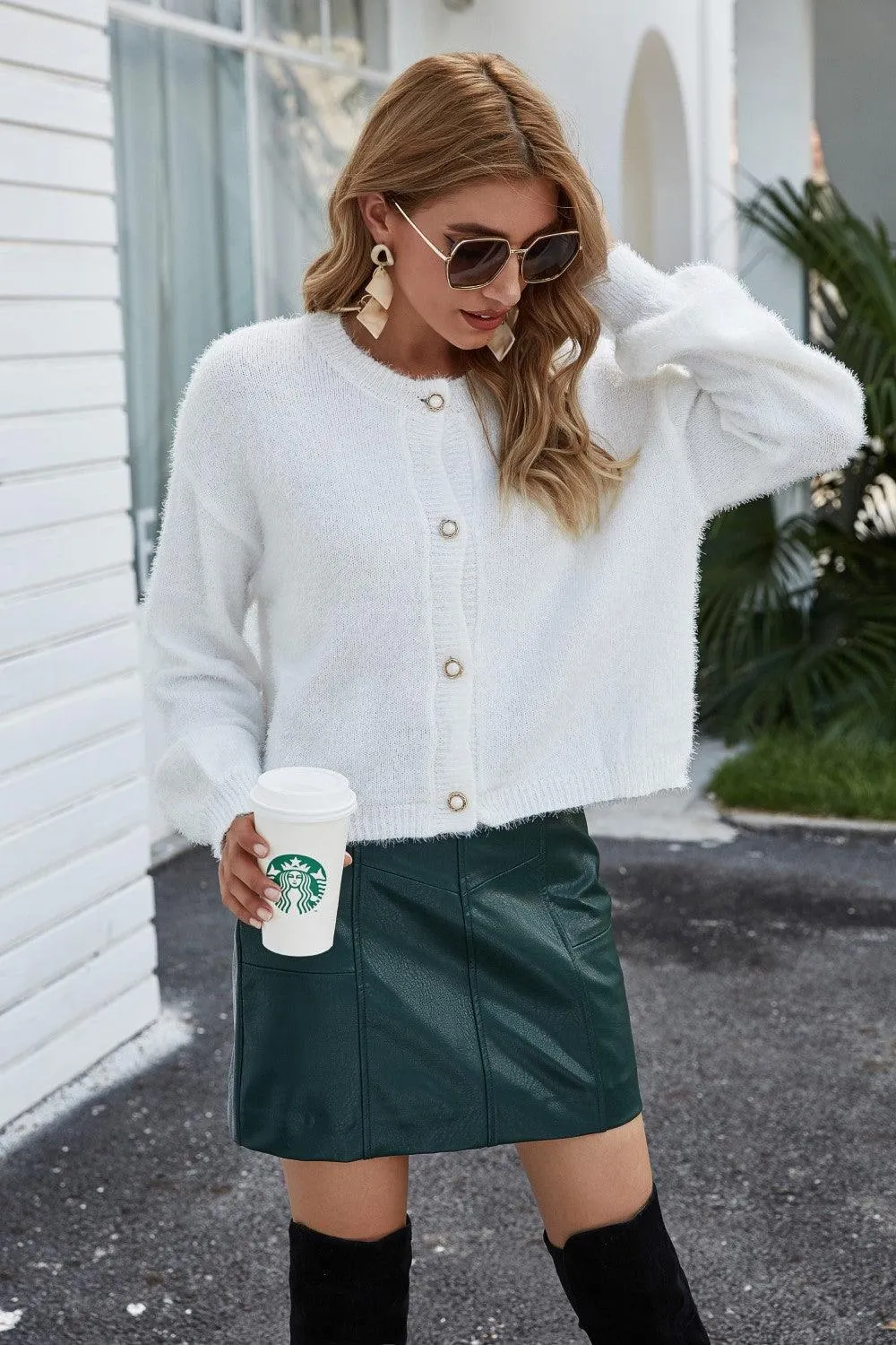 ROUND NECK DROPPED SHOULDER FUZZY CARDIGAN