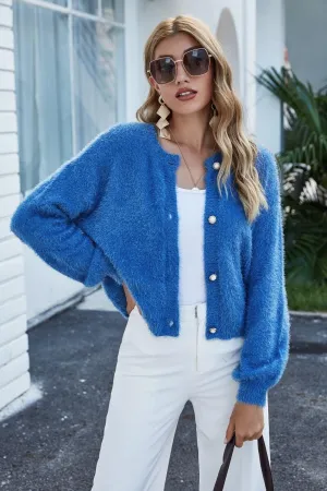 ROUND NECK DROPPED SHOULDER FUZZY CARDIGAN