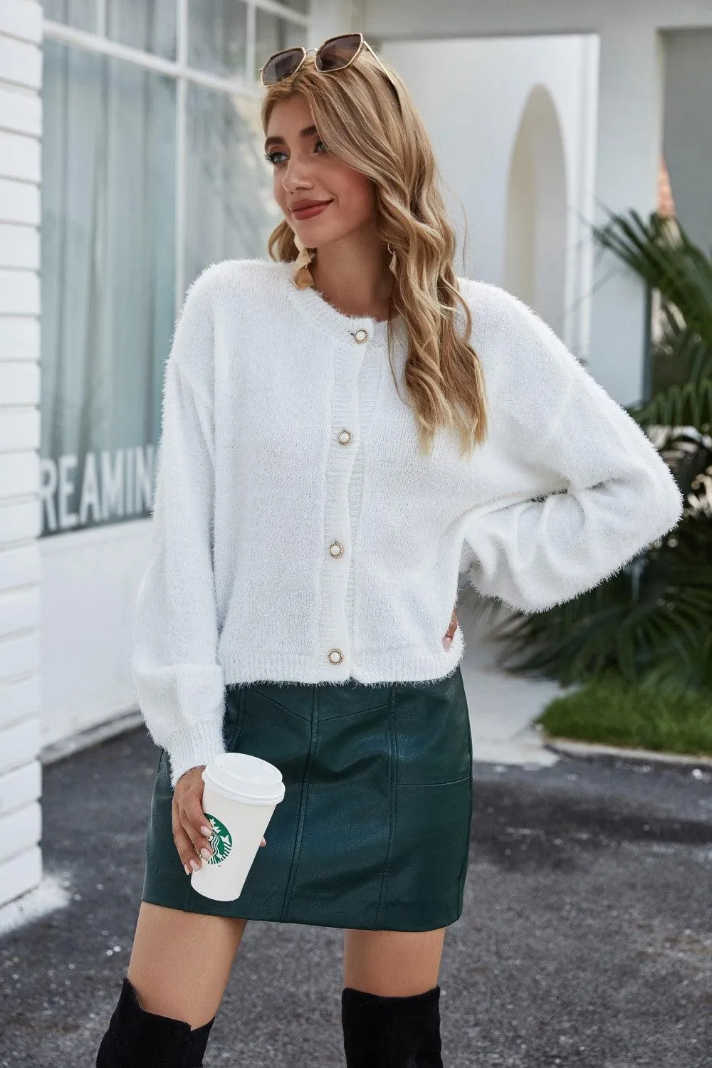 ROUND NECK DROPPED SHOULDER FUZZY CARDIGAN
