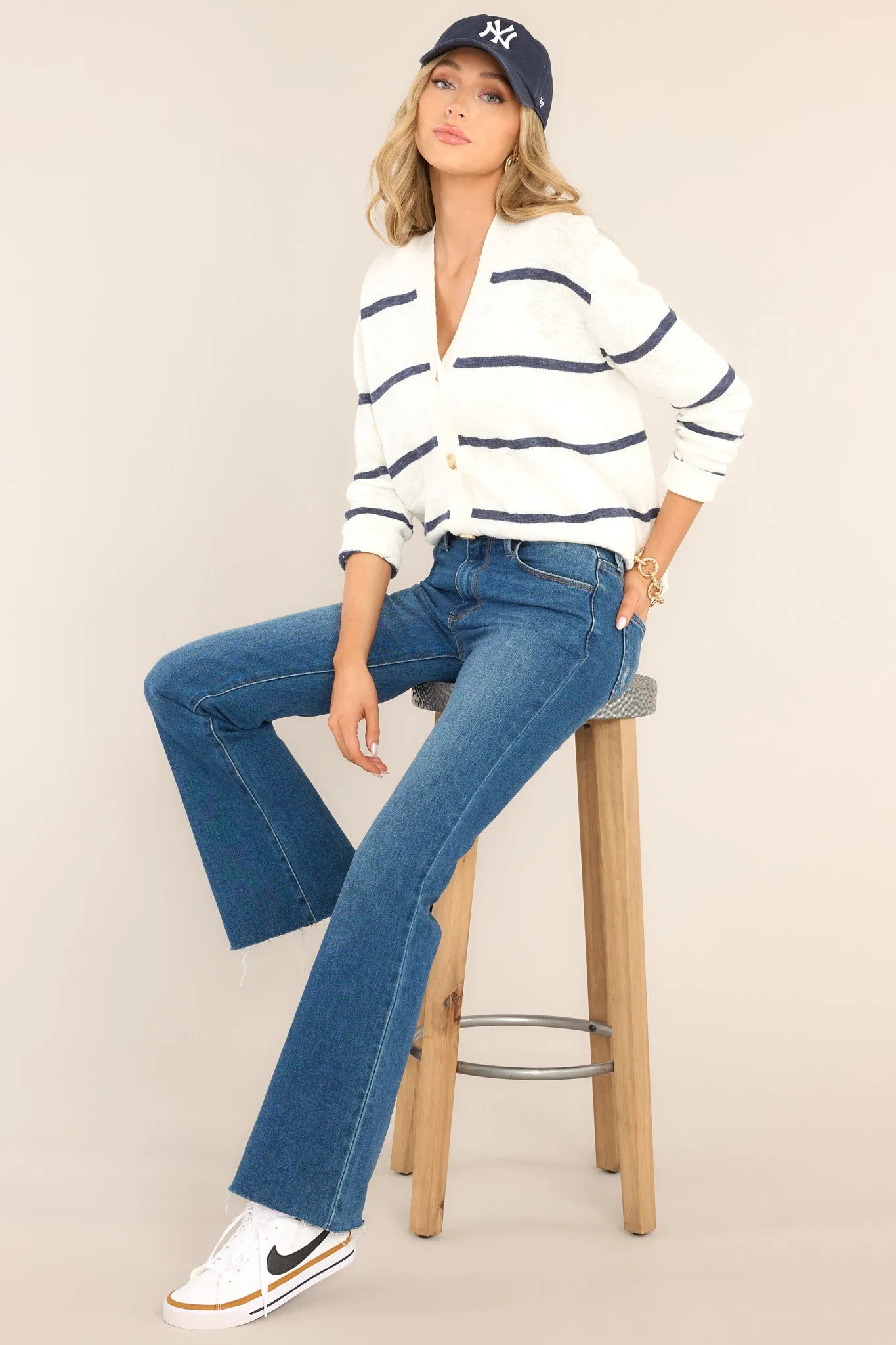 Second Chance White & Navy Striped Cardigan