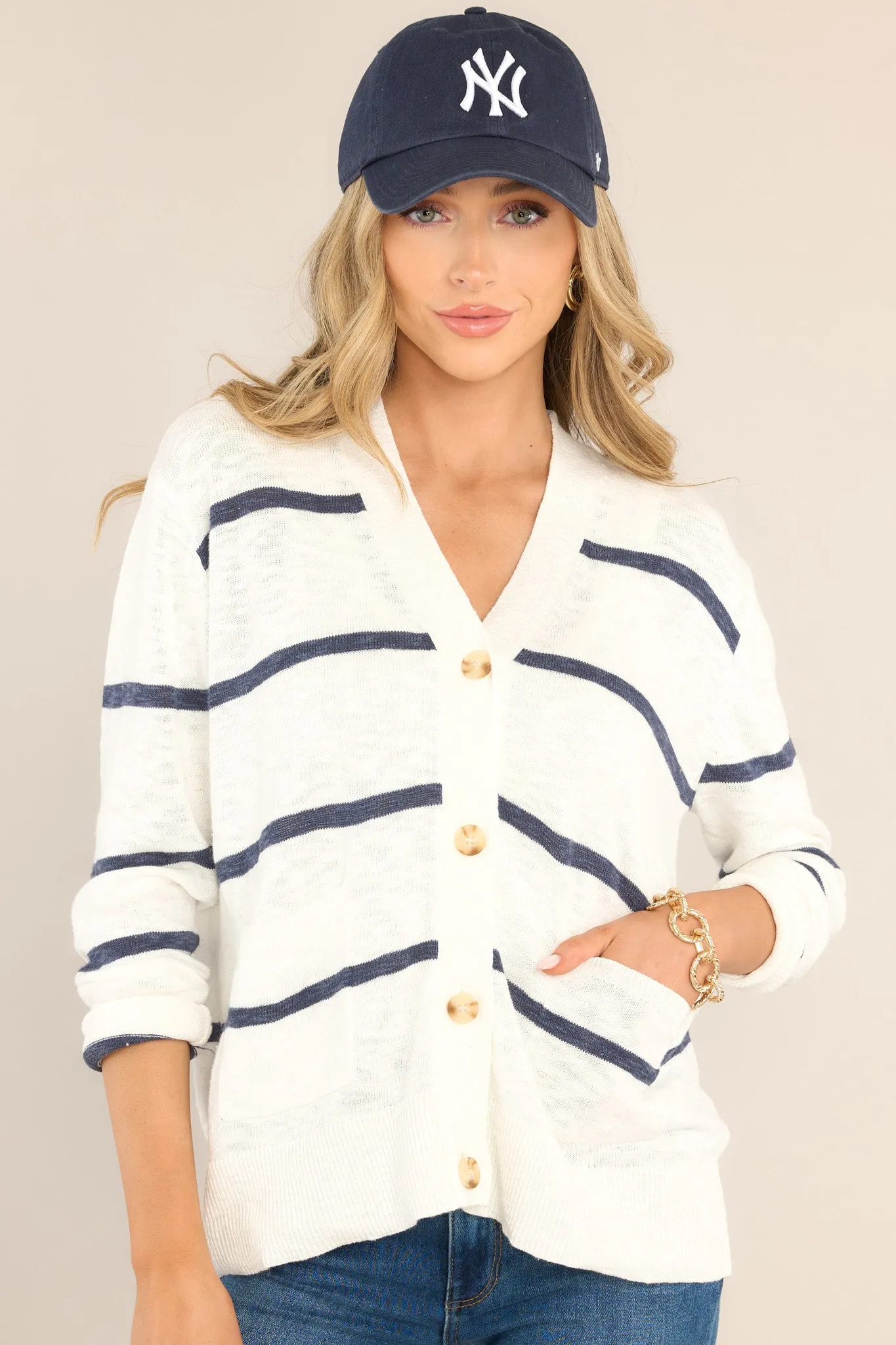 Second Chance White & Navy Striped Cardigan