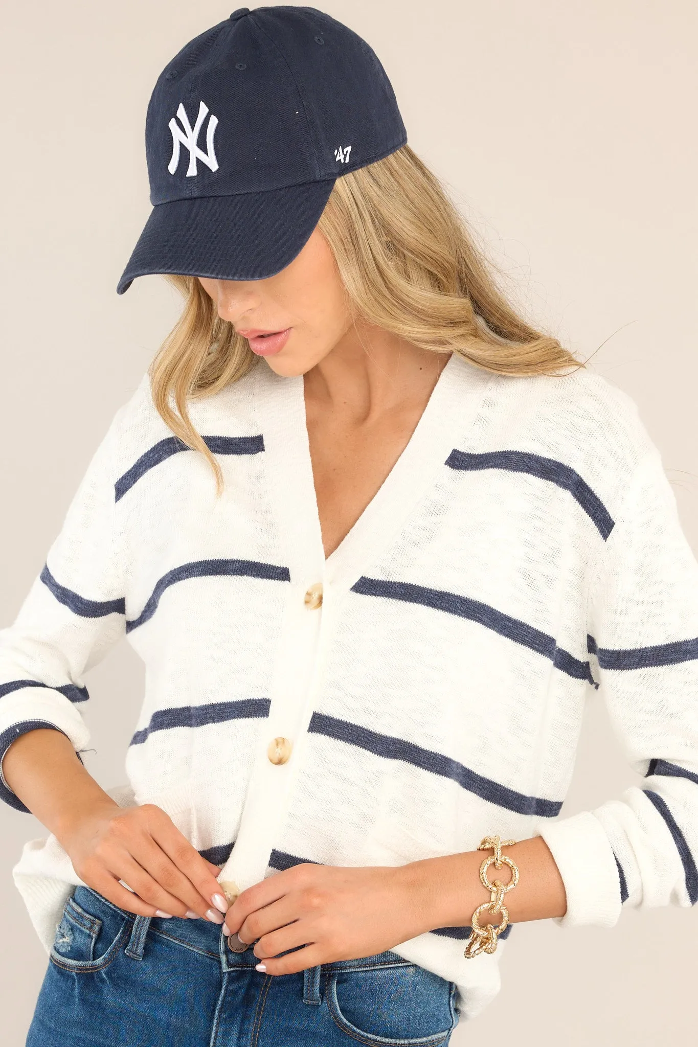 Second Chance White & Navy Striped Cardigan