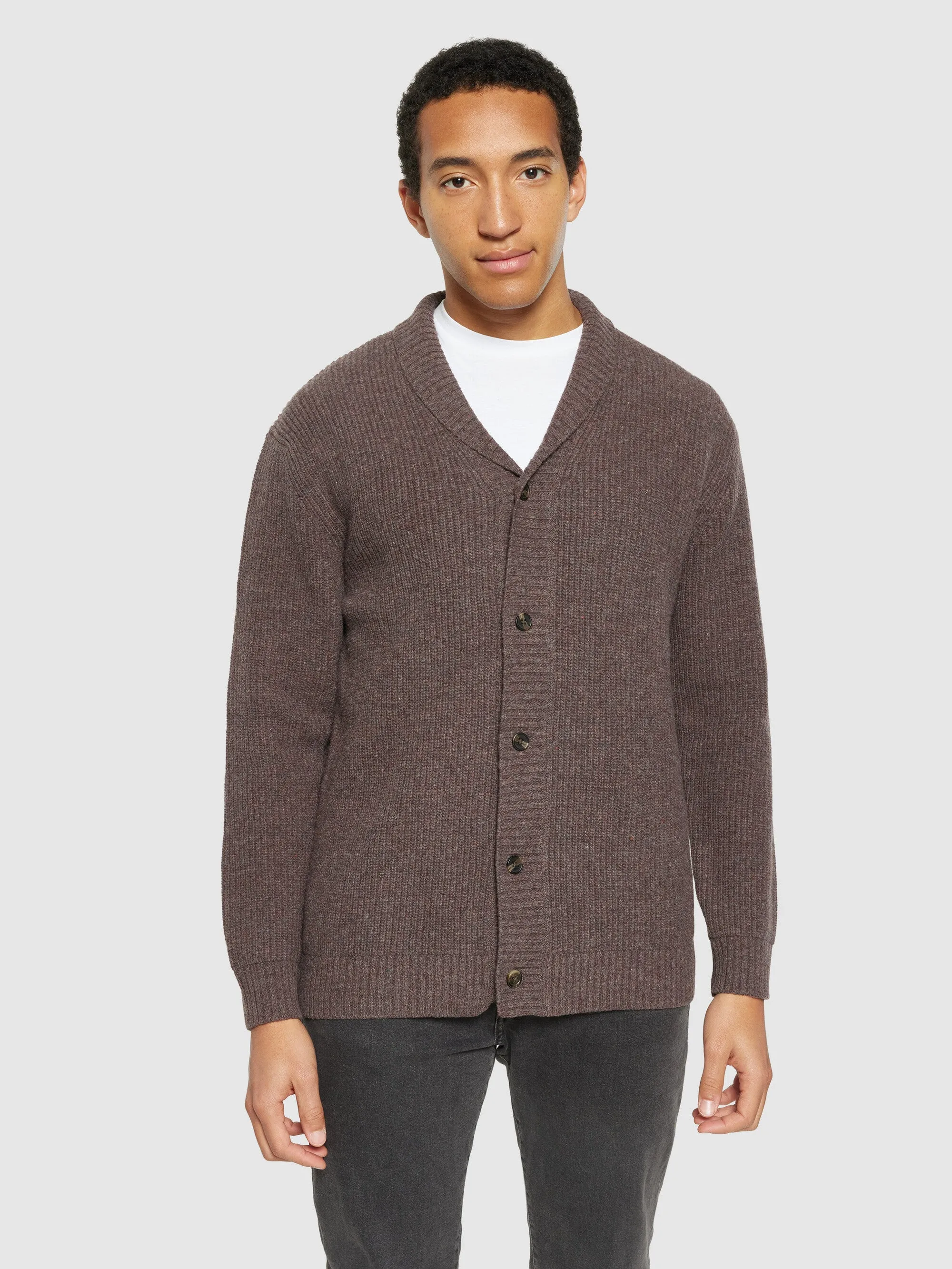 Shawl neck wool cardigan - RWS - Demitasse (brown)