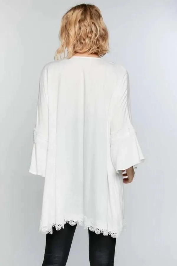 Solid with lace trim 3/4 sleeve open front kimono cardigan
