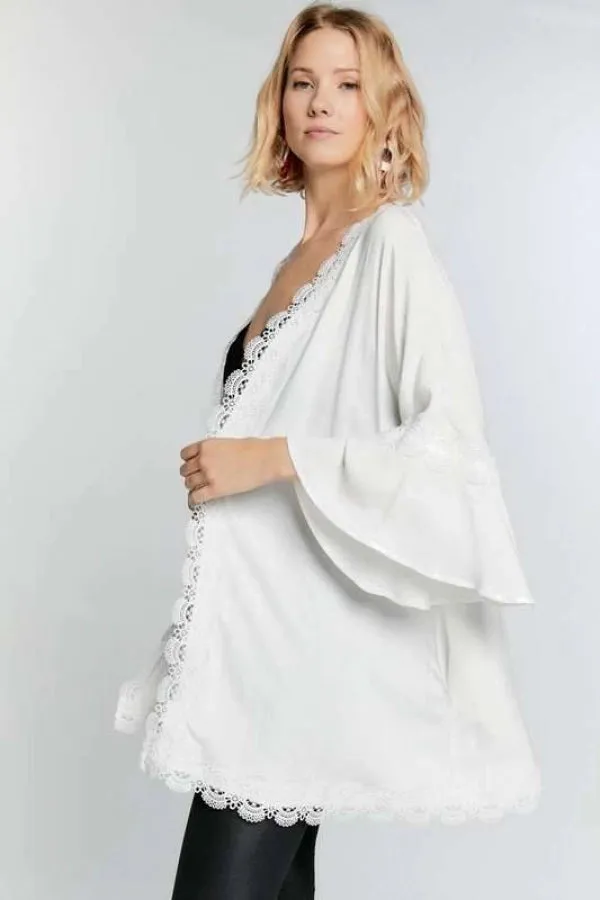 Solid with lace trim 3/4 sleeve open front kimono cardigan