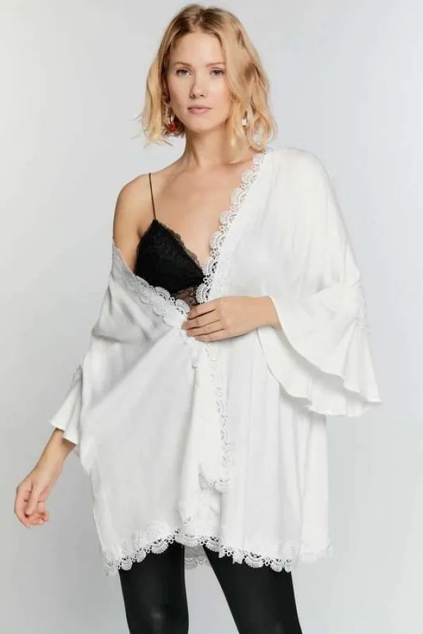 Solid with lace trim 3/4 sleeve open front kimono cardigan