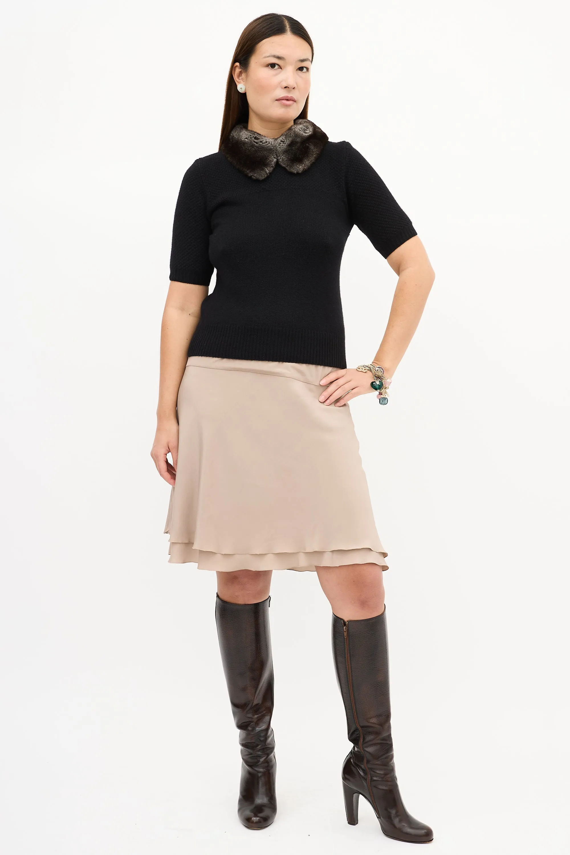SS 2003 Taupe Silk Layered Midi Skirt