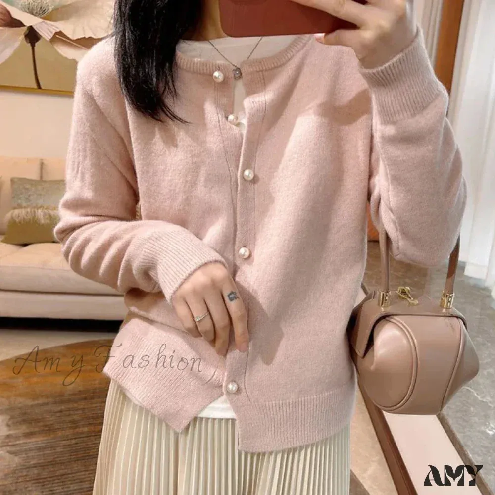 Sweet Pink Knitted O-Neck Long Sleeve Button Up Solid Color Cozy Chic Stylish Cardigan