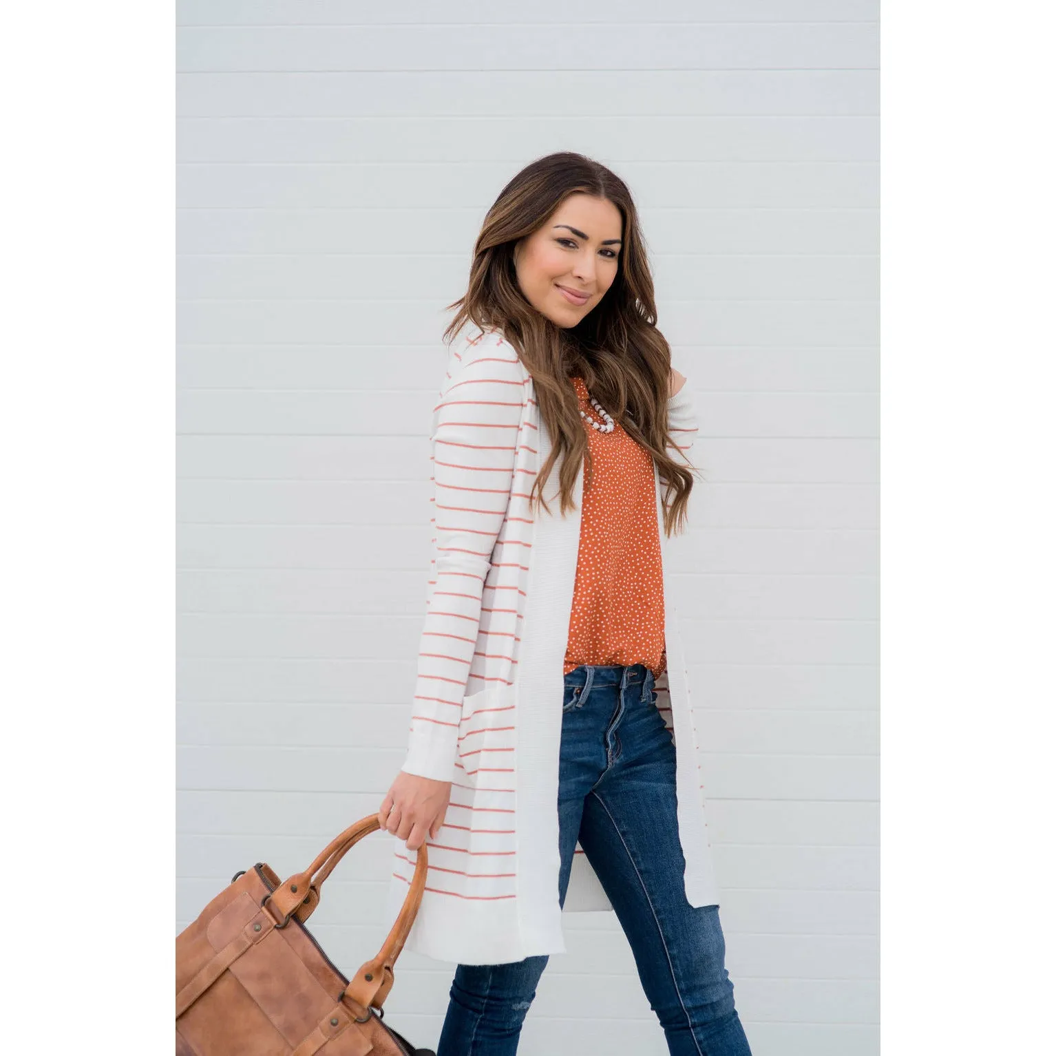 Thin Striped Cardigan-White