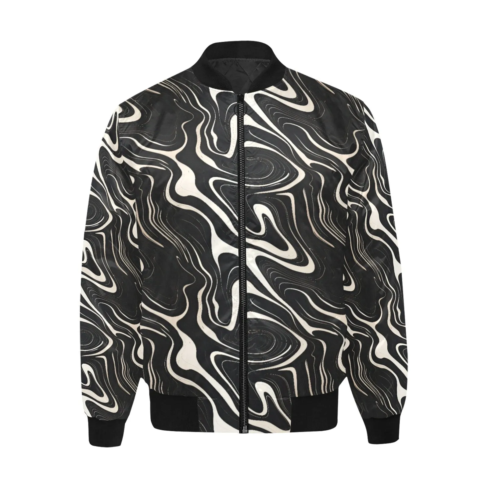 Wavy Black and White Abstract Pattern Quilted Bomber Jacket