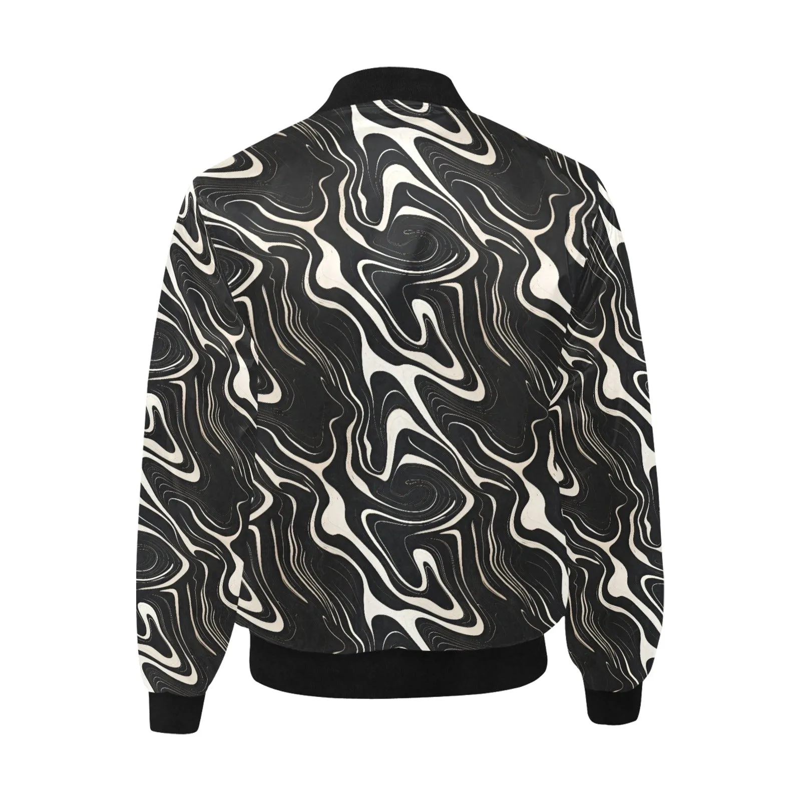 Wavy Black and White Abstract Pattern Quilted Bomber Jacket