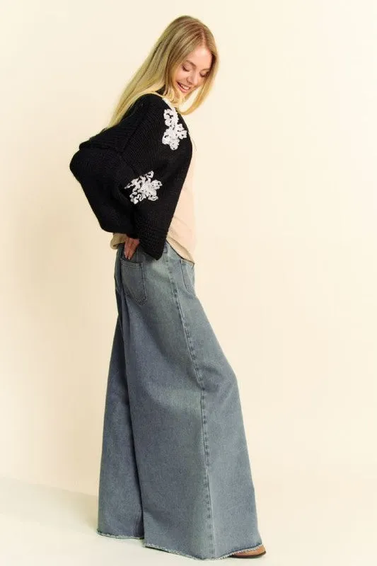 Wjczt Floral Applique Open Front Dropped Shoulder Cardigan
