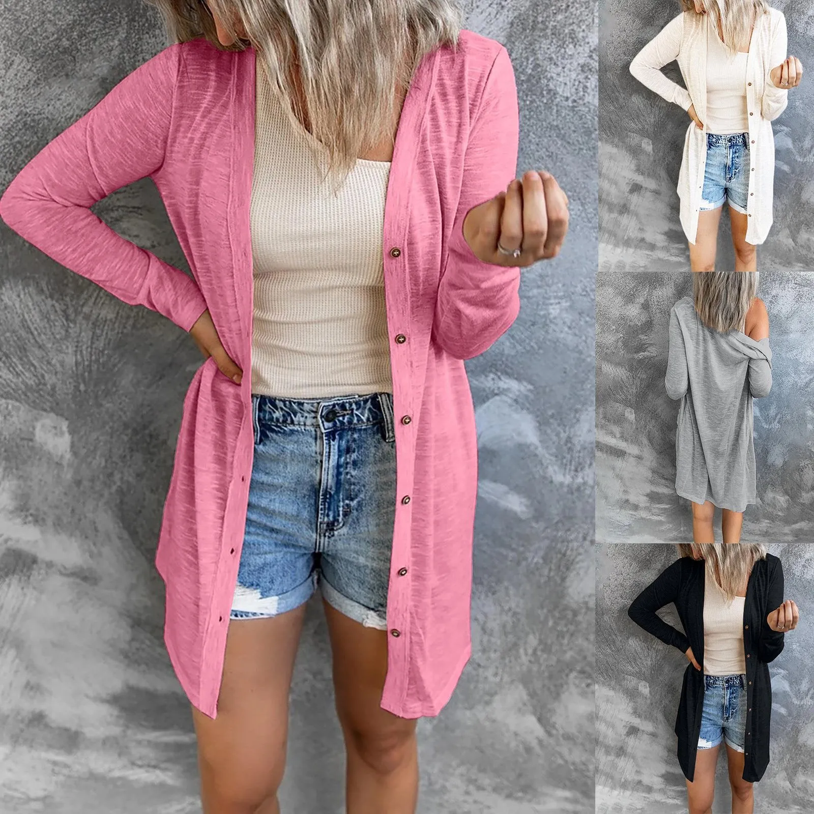 Women long sleeve solid color buttons lightweight long cardigan