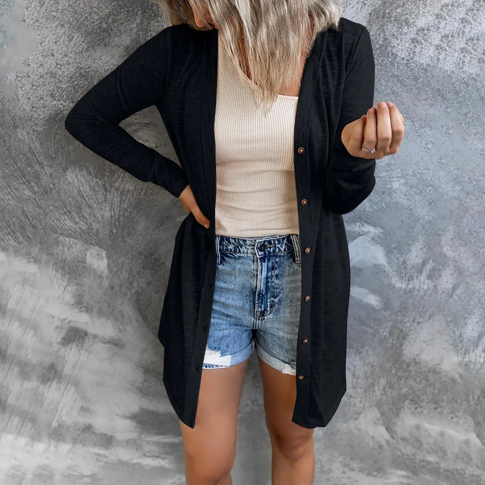 Women long sleeve solid color buttons lightweight long cardigan