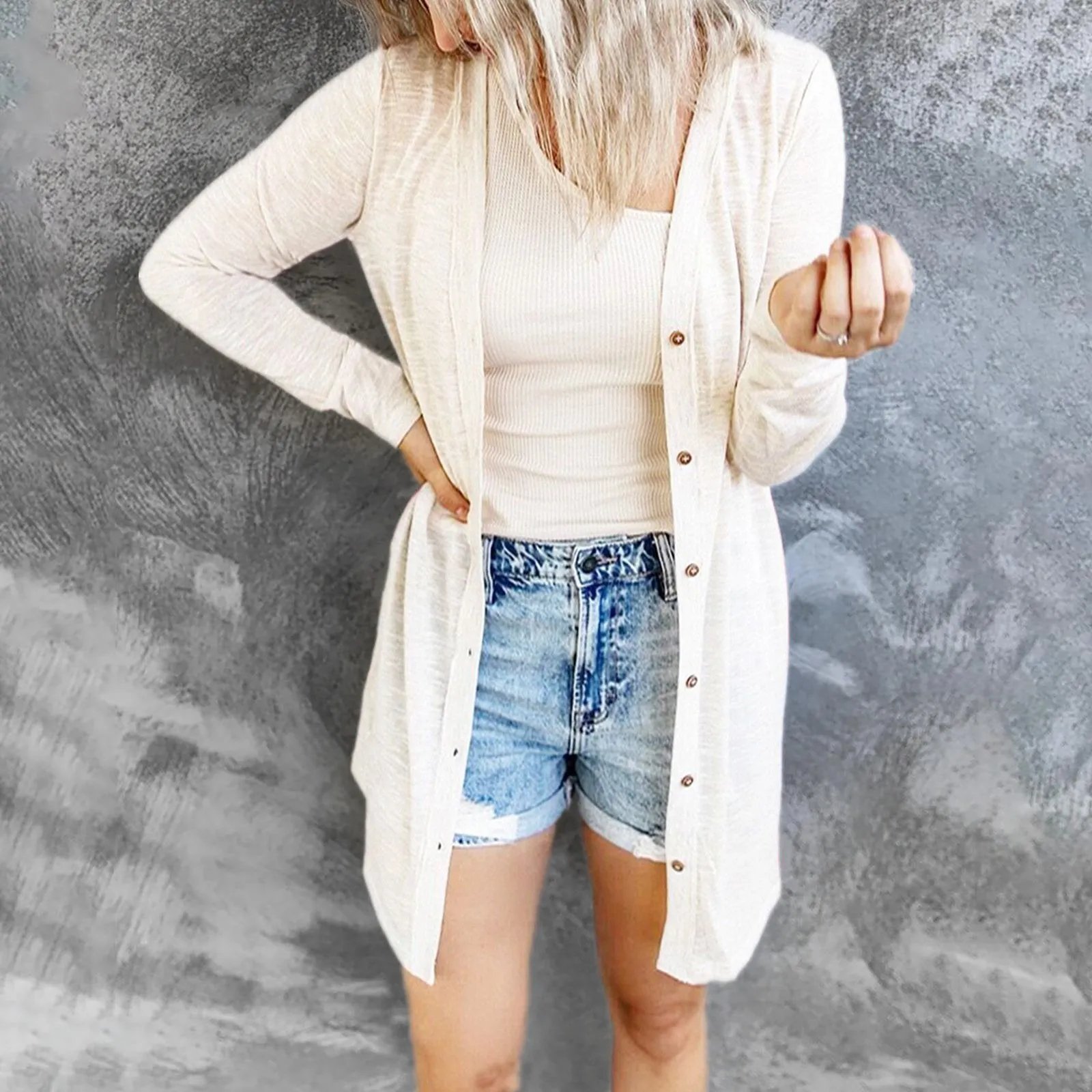 Women long sleeve solid color buttons lightweight long cardigan