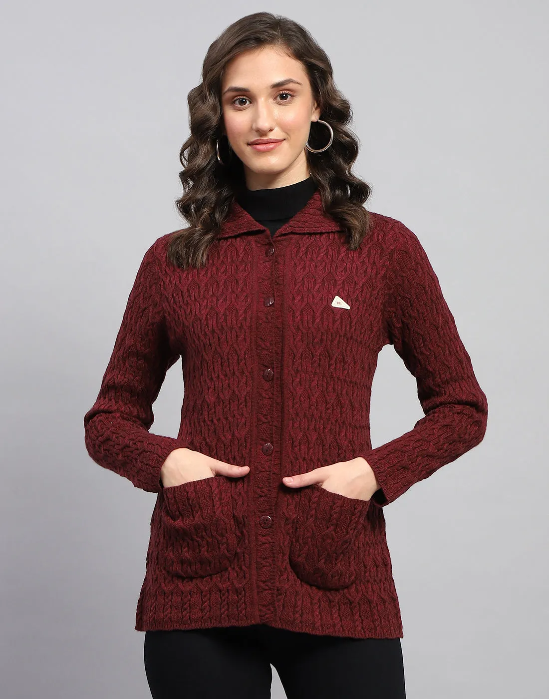Women Maroon Self Design Collar Full Sleeve Cardigan
